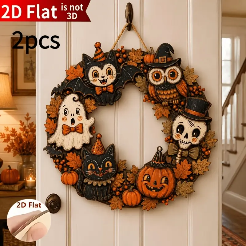 2-Piece 2D Flat Wooden Vintage Halloween Door Hanger, Featuring Skull, Black Cat, Ghost, Pumpkin, And Circular Welcome Sign, For Autumn Front Door Decoration