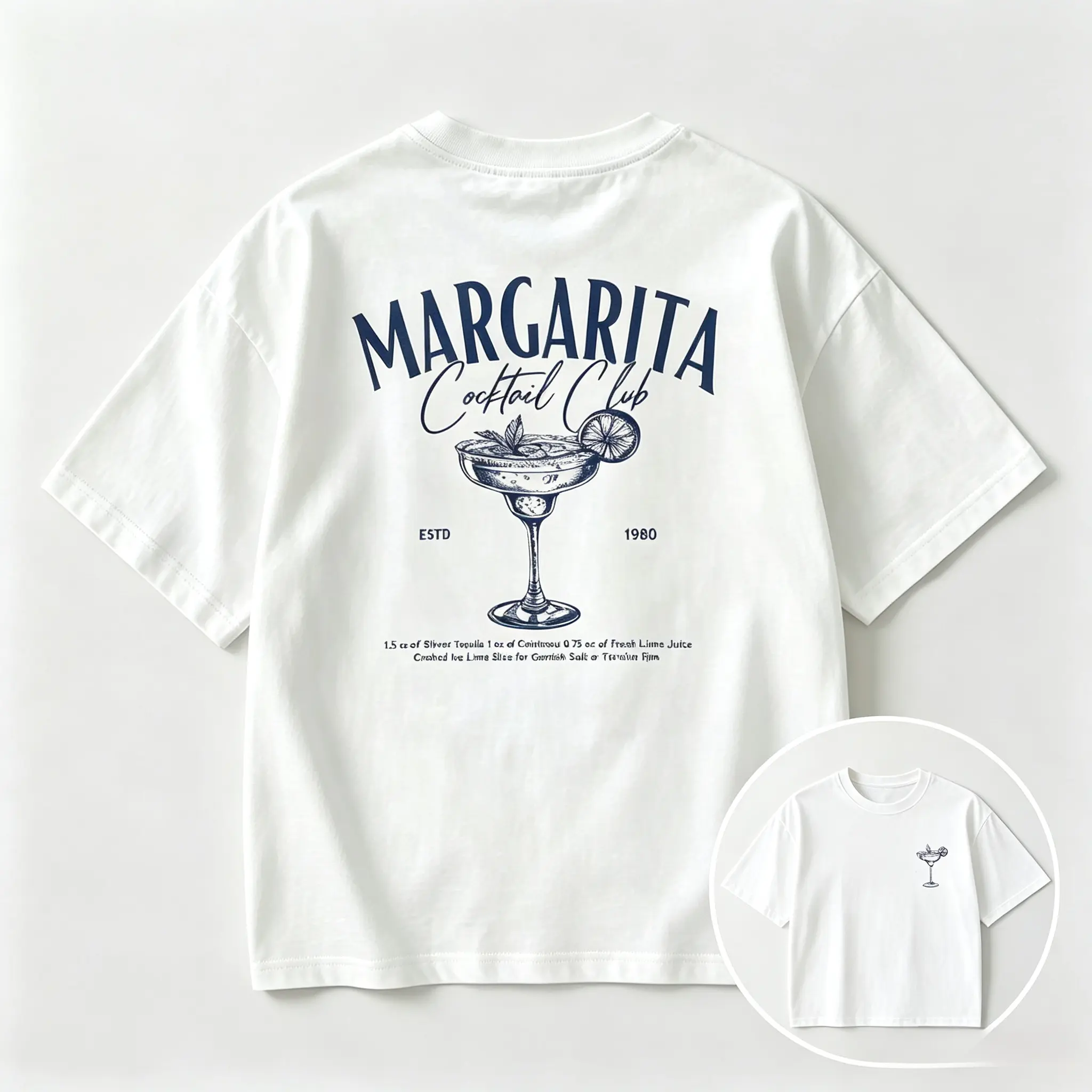 Cocktail Lover's Short-Sleeve Round Neck T-Shirt - Margarita Cocktail Club Front Small & Back Big Vintage Sketch Print, Premium Polyester Fabric, Soft Oversized Casual Top, Weekend Wear, Affordable Gift