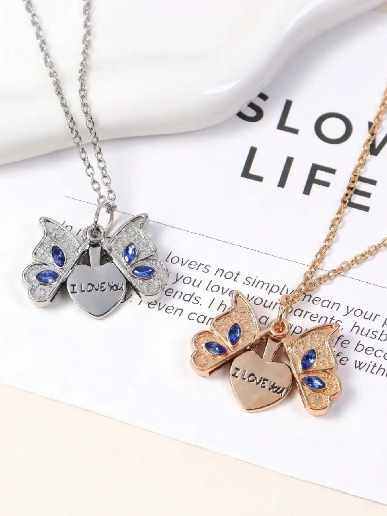 1 PC Vintage Butterfly Locket Necklace, Gold Tone With Blue Crystal Inlay, Keepsake Pendant