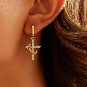 Gold Plated Cross Drop Earrings for Women, Dainty Huggie Hoop Cross Dangle Earrings, Minimalist Faith Inspired Jewelry, Elegant Quiet Luxury Everyday Earrings, Lightweight Sparkly Gold Earrings for Church, Wedding, Party & Birthday Gift