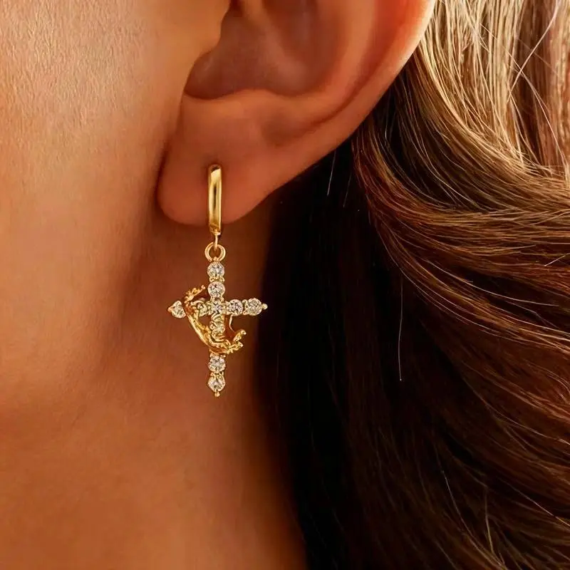 Gold Plated Cross Drop Earrings for Women, Dainty Huggie Hoop Cross Dangle Earrings, Minimalist Faith Inspired Jewelry, Elegant Quiet Luxury Everyday Earrings, Lightweight Sparkly Gold Earrings for Church, Wedding, Party & Birthday Gift
