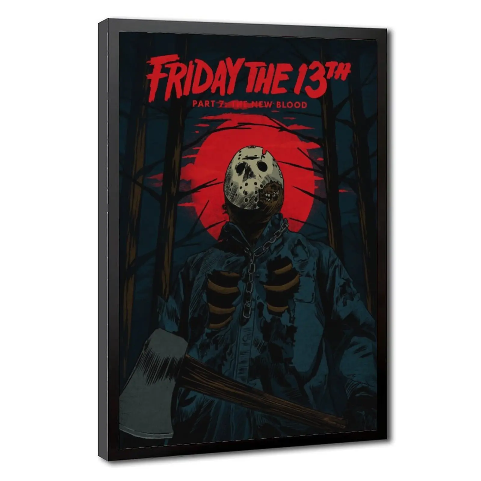 Friday the 13th Canvas Wall Art, Classic Horror Movie Part 7 The New Blood Jason Voorhees Poster, Dark Forest Red Moon Horror Framed Print for Halloween Bedroom, Game Room, Bar, Halloween & Household Wall Decor