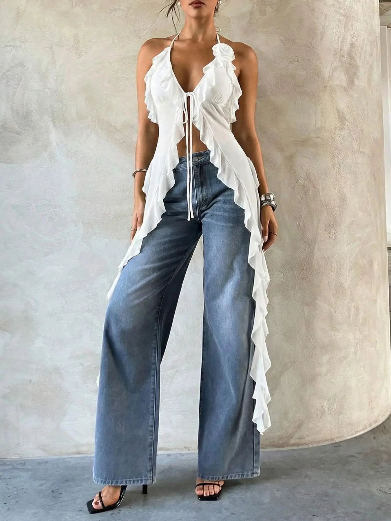 White Halter Neck Ruffle Tie Front Longline Women Top Deep V Sleeveless Open Front Asymmetric Hem Blouse Sexy Y2K Going Out Evening Party Date Night Festival Vacation Beach Cover Up Soft Flowy Fabric Chic Summer Top Boho Shirt Blouse
