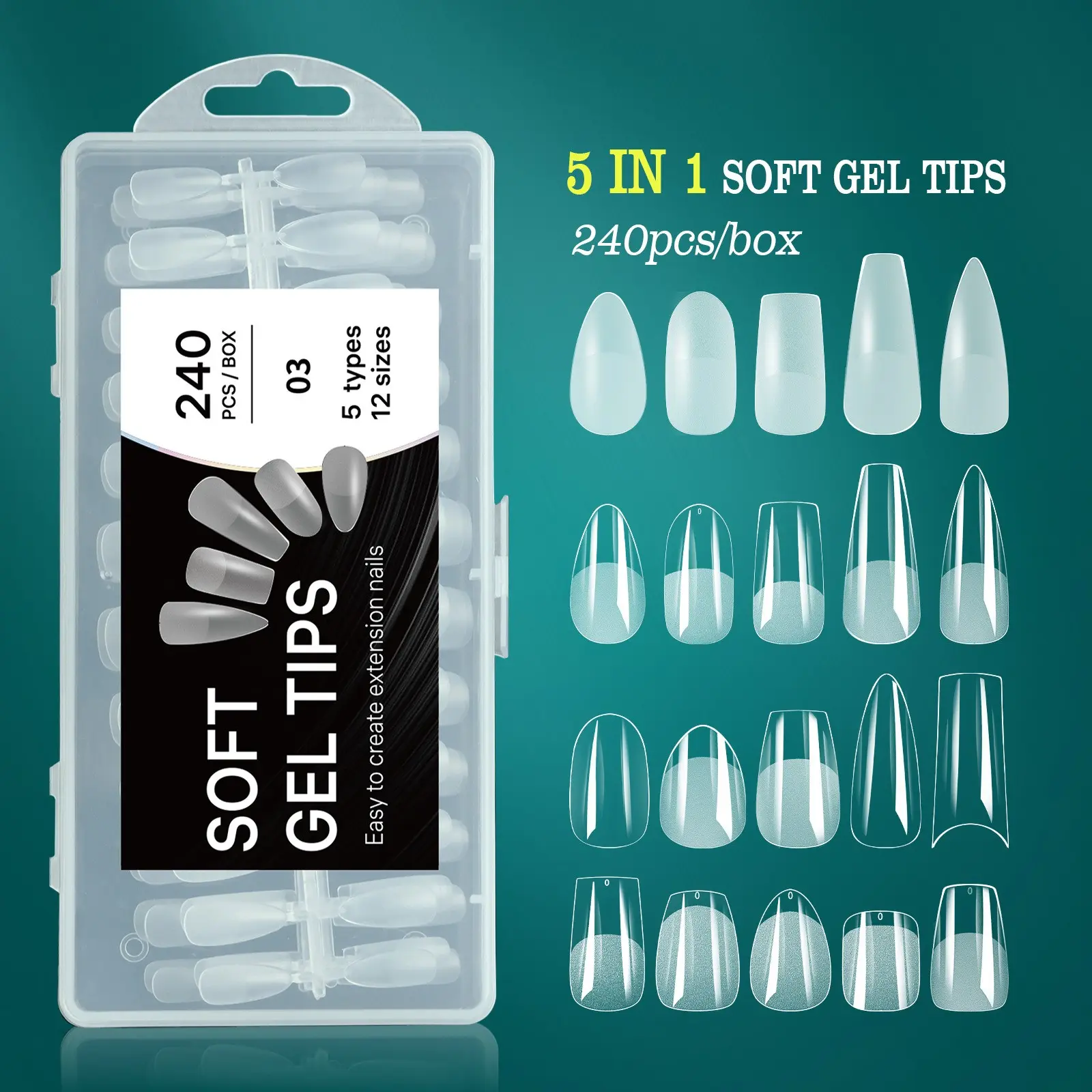 5 In 1 Soft Gel Nail Tips, 240Pcs Mix Full & Half Cover Pre-buff Fake Nails, 5 Shapes 12 Sizes Gel X Nail Extension Tips Transparent Ultra-Thin Extension Nail Tips, Seamless, No Filing Required, False Nails