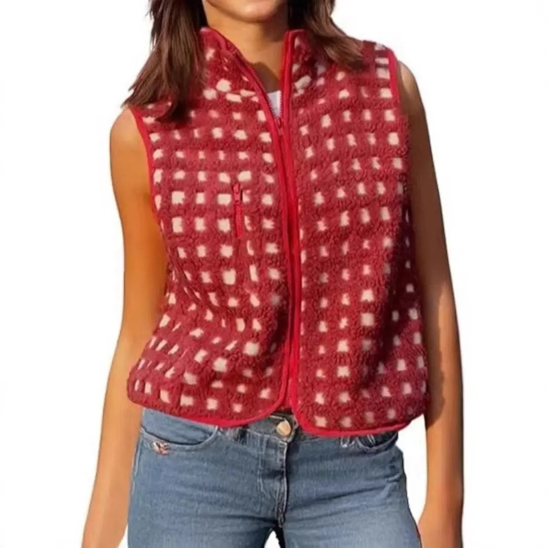 Casual Stripe Waffle Knit Vest, Sleeveless Zip-Up Turtleneck, 100% Viscose Medium Length Women's Clothes