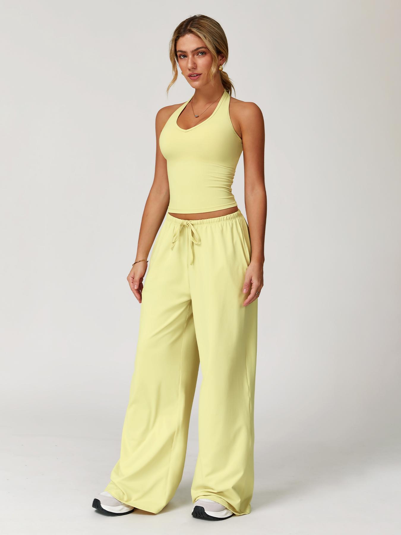 Women's Solid Halter Neck Top & Wide-Leg Pants Sports Set, Casual Sleeveless Top & Pants for Daily Outdoor Wear, Ladies Activewear Set for Tennis and Running, Workout Clothes, Breathable Activewear, Yoga Gym Outfits