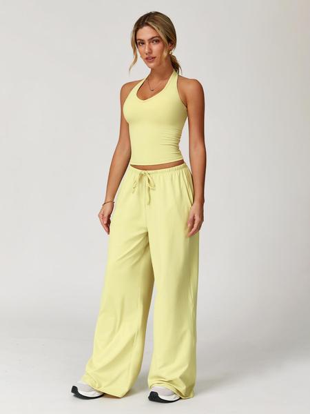 Women's Solid Halter Neck Top & Wide-Leg Pants Sports Set, Casual Sleeveless Top & Pants for Daily Outdoor Wear, Ladies Activewear Set for Tennis and Running, Workout Clothes