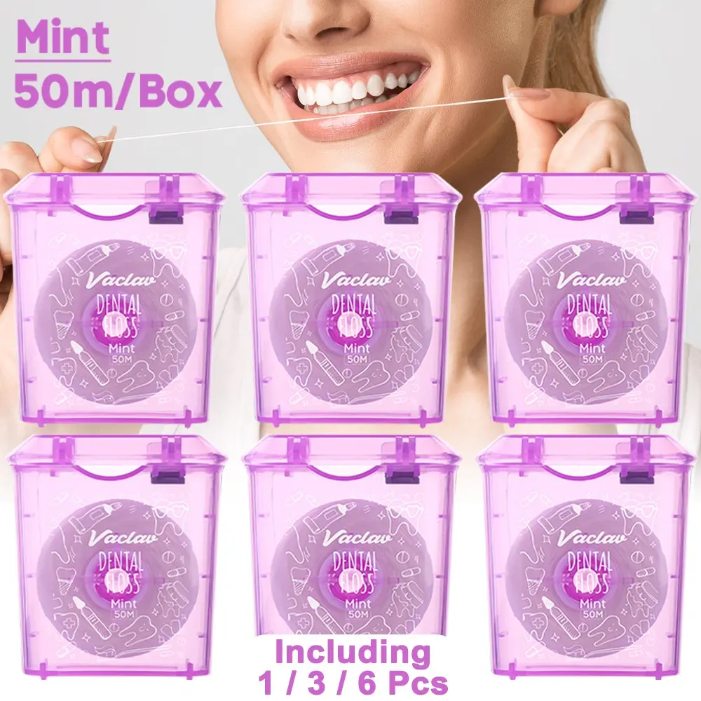 Vaclav 50m/Box Dental Floss Tape High-Tensile Durable Nylon Floss, Deep Cleaning Toothpicks, Smooth Glide Micro-Waxed, Easy Dispensing Box, Dental Care Set Floss Kit, Waxed Floss Spools