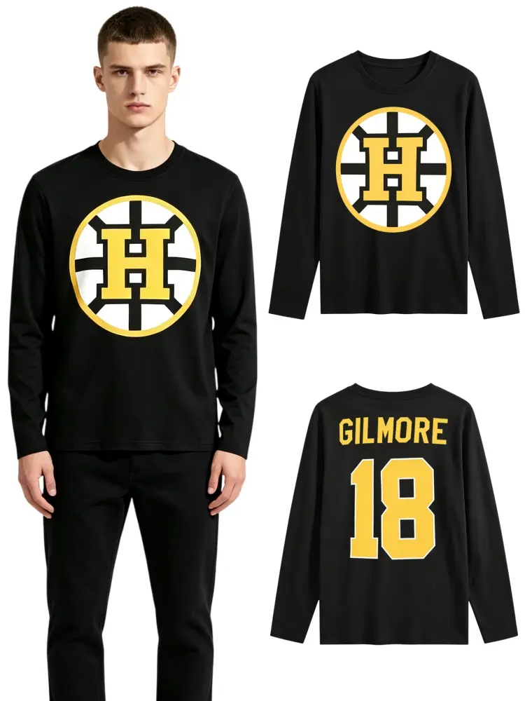 Happy Gilmore #18 Jersey 1996 Movie Printed Hockey Jersey Tee, Crew Neck Long Sleeve T-Shirt, 100% Cotton Graphic Sports Shirt, Breathable Casual Athletic Apparel, 90s Hip Hop Streetwear, Halloween Party Costume, Gift for Men Women, S-XXXL