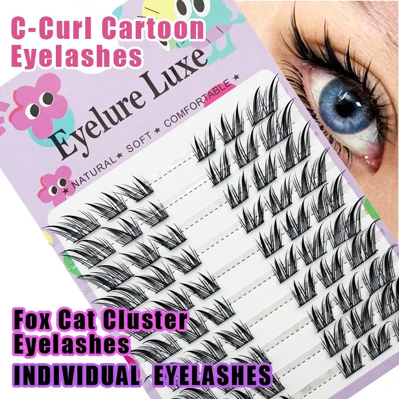 60pcs cluster segmented Lashes C curling Cat-style slanted fly-in false eyelashes in ten rows, with large capacity, featuring cartoon-like realistic fur, soft and skin-friendly, not irritating, extremely fine black hair, comfortable to wear
