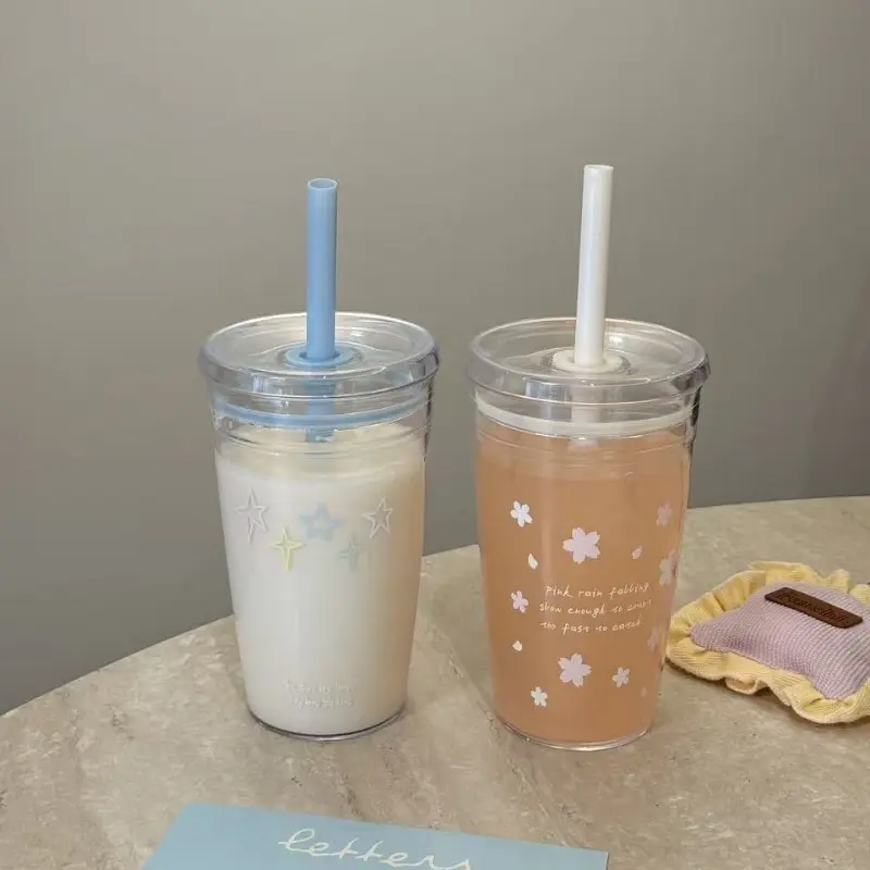 Summer fresh and simple silicone cover thick straw cup new large capacity high value portable transparent straw cup with cover