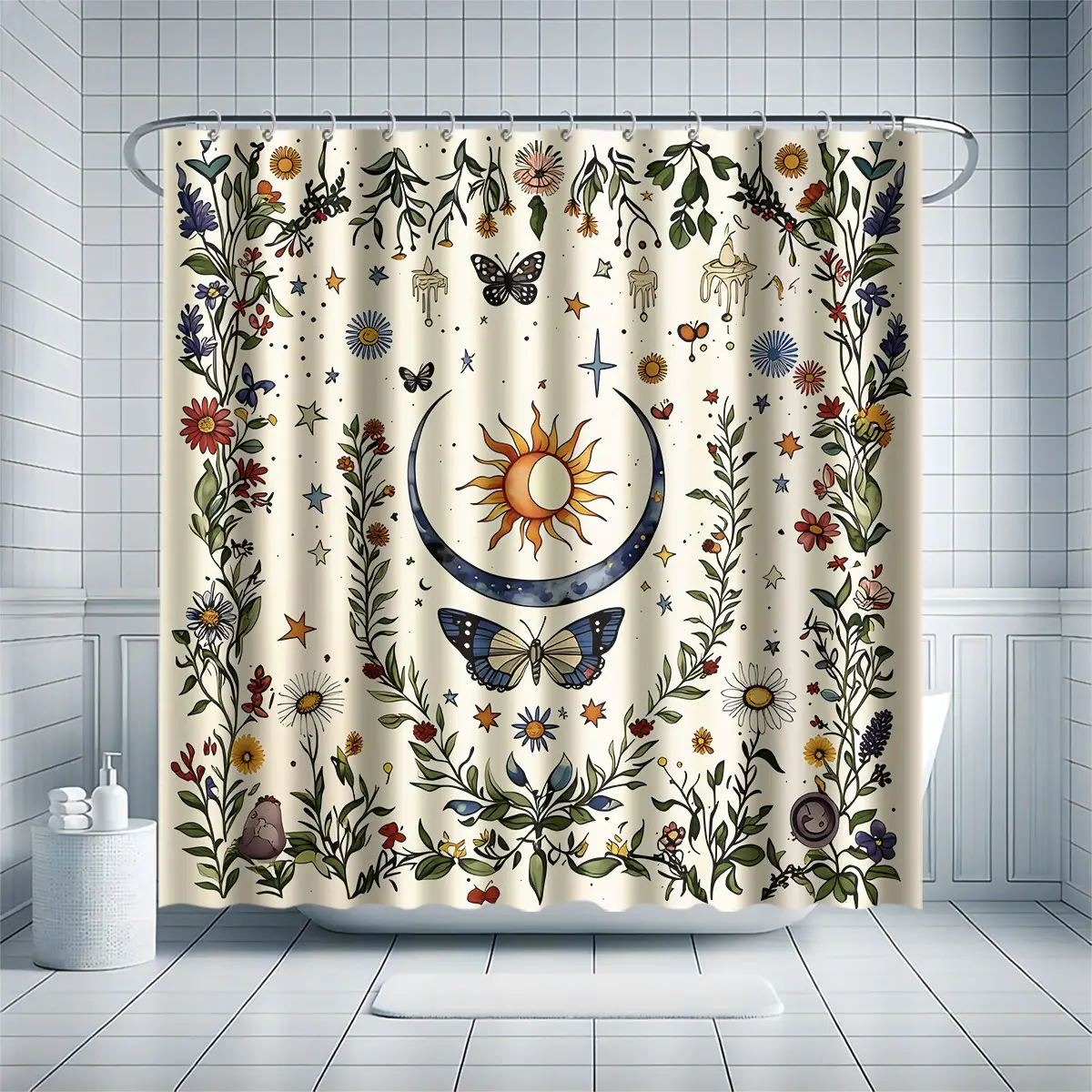 Retro Bohemian style star and moon flower printed polyester shower curtain, with 12 hooks, suitable for bathrooms, hotels, and spa centers.