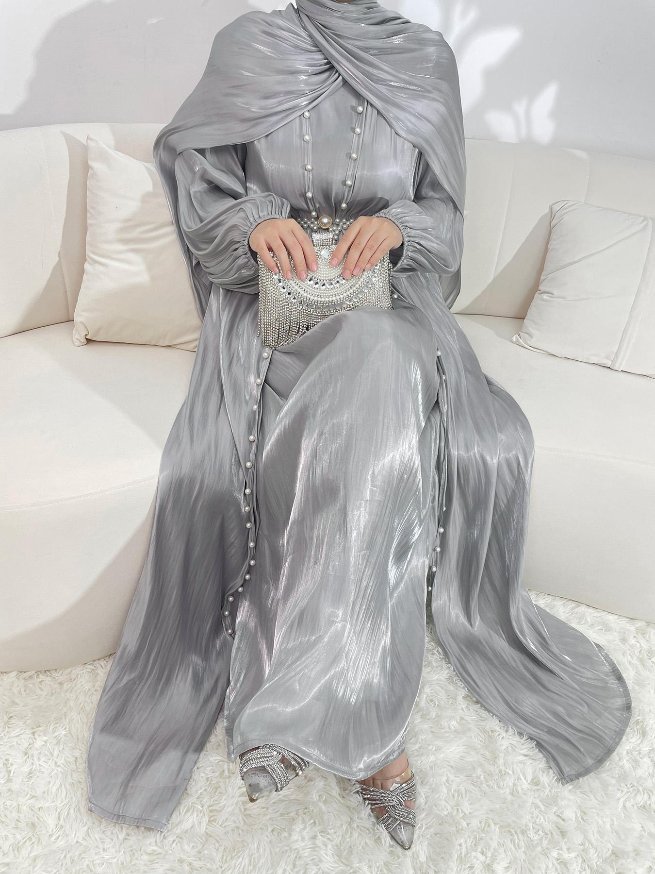 Women's Solid Abaya & Belted Tank Dress Set, Elegant Bishop Sleeve Long Sleeve Outerwear & Long Dress, Ladies Islamic Clothing for All Seasons, Modesty Abaya