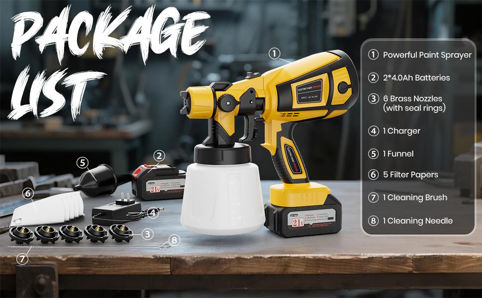 2025 Sprayer with 650W Copper Motor, Sprayer Gun with 6 Brass Nozzles, 2 Batteries & 1000ml Container, Sprayer for Painting Graffiti Fence Wall