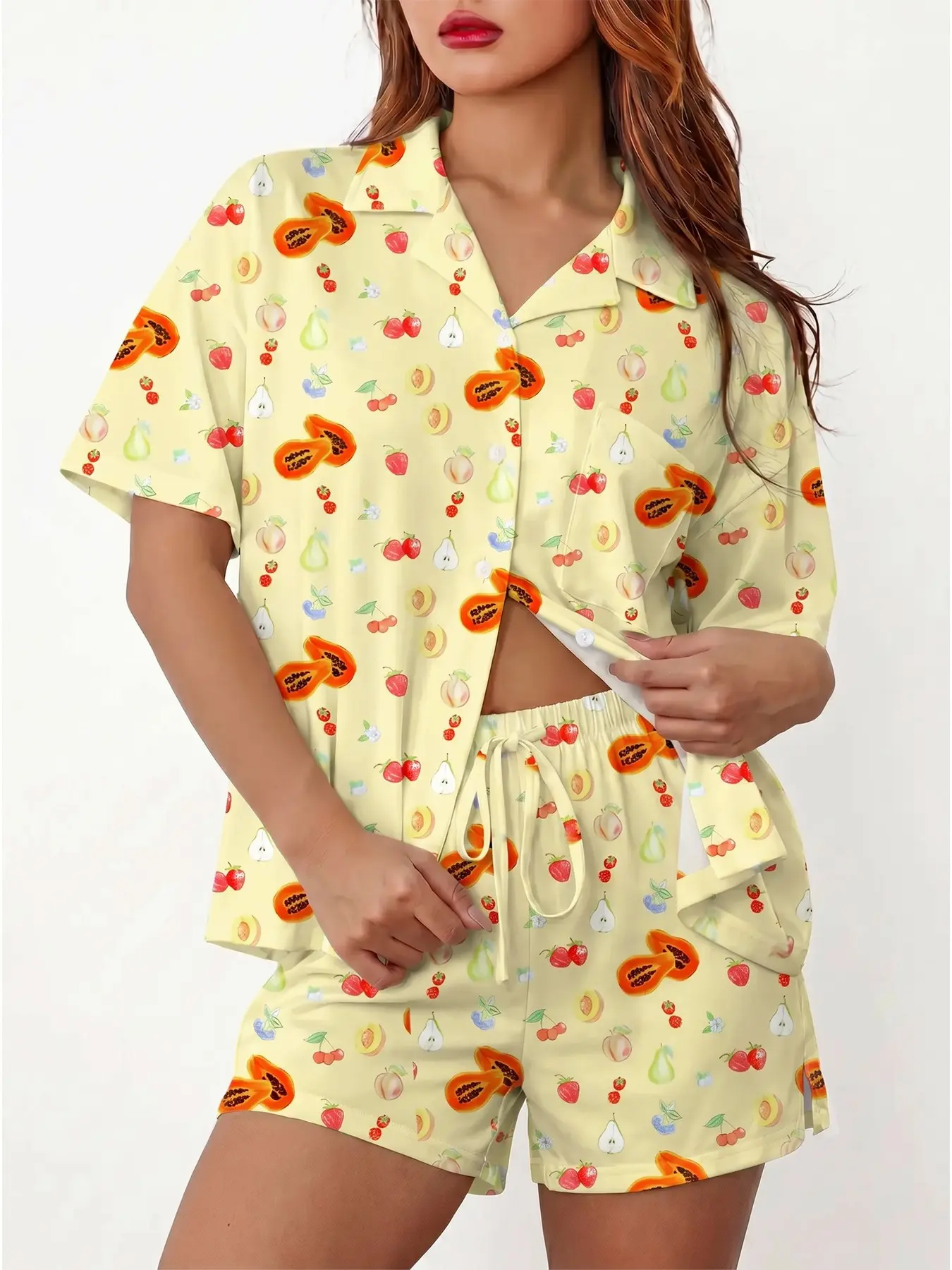 2-Piece Casual Women's Papaya Print Pajama Set Loungewear, Collared Button Short Sleeve Top, Loose Drawstring Waist Shorts, All Seasons Comfort