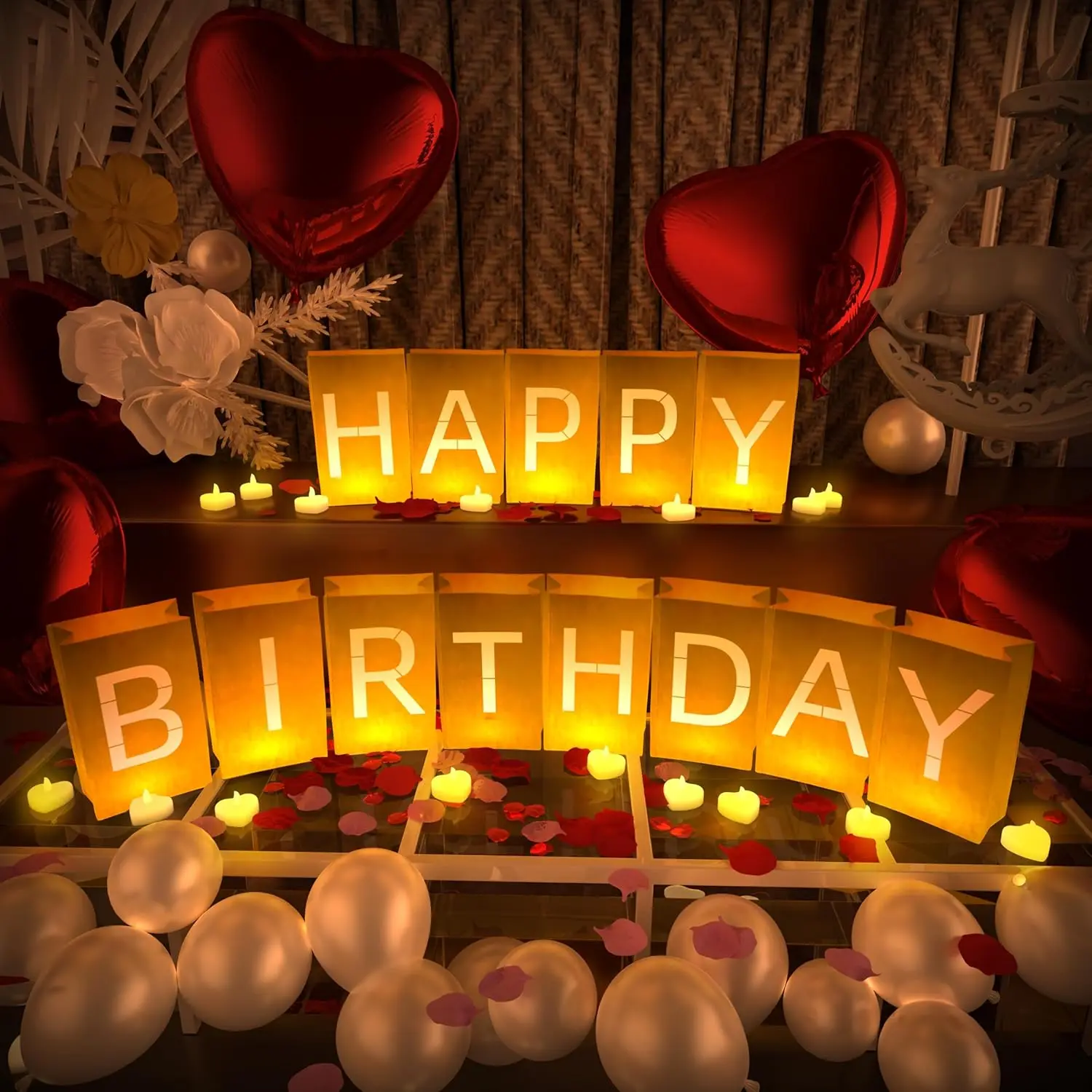 Happy Birthday Decorations Set Package - Light-Up Letters, Tea Light Candles, Latex Balloons, Aluminum Balloons, Rose Petals, Surprise Gift Banner for Women, Festival Party