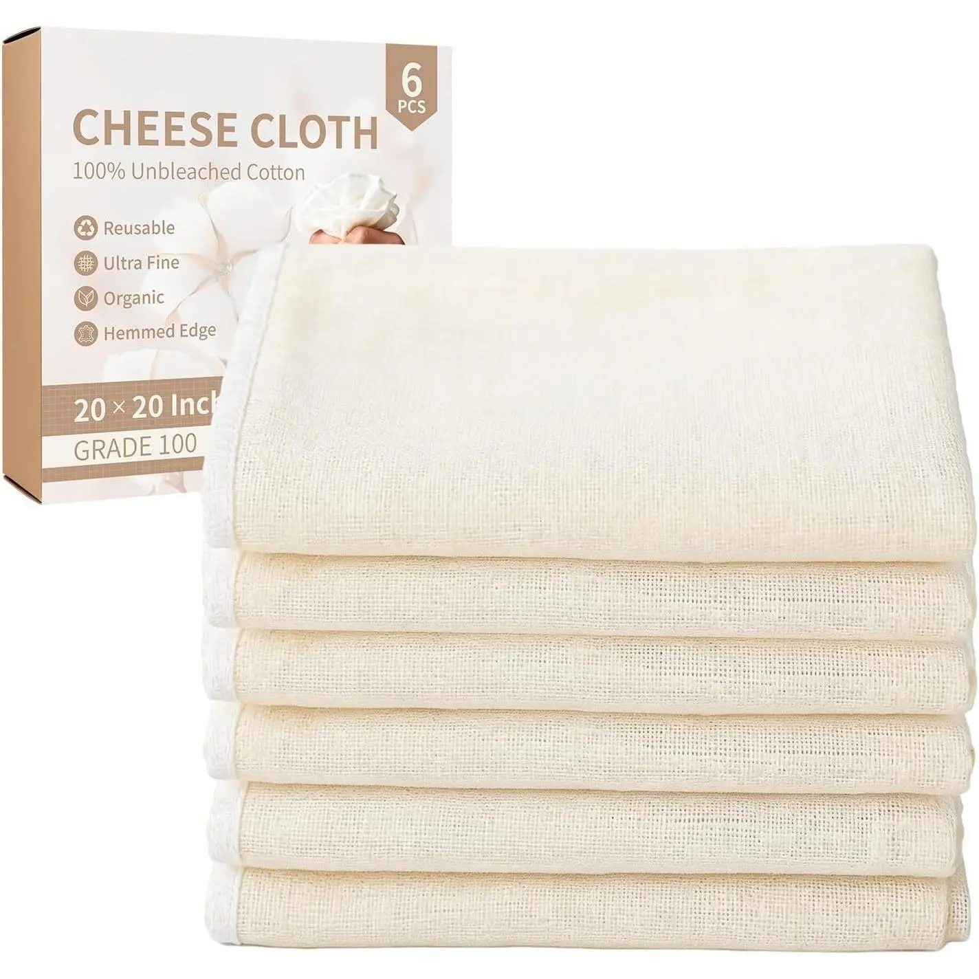 Cheese Cloths 6 count,  Unbleached   20"x20", Washable  Cheesecloth With Hemmed , Fine Mesh  Strainer For Turkey, Juicing, Cheese, Yogurt Making