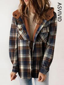 women's button front hooded plaid / houndstooth print jacket, coat for women, casual mufti clothes, long sleeve pocket coat for fall, ladies outerwear for daily wear, womenswear