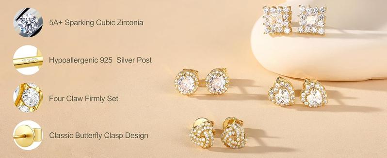 FUNRUN 4 Pairs Sterling Silver CZ Stud Earrings for Women 14K Gold Plated Brilliant Celtic Heart Big Stud Earrings Set Cubic Zirconia Earrings Studs for Sensitive Ear