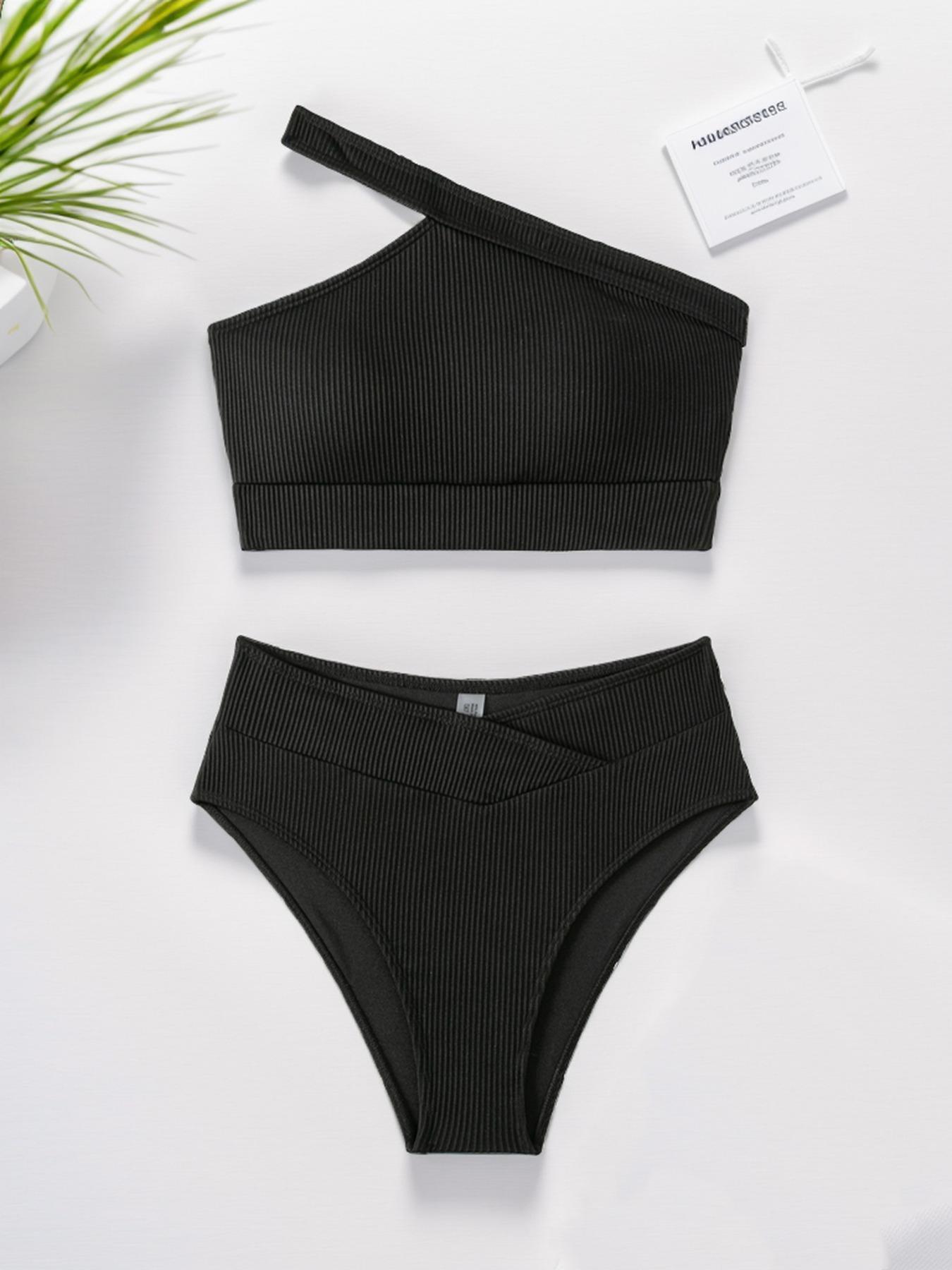 Two-Piece Set Women's Solid Color Ribbed Bikini Set for Beach Holiday Vacation, Ladies Swimwear, Swimsuits for All Seasons, Swimming Suit