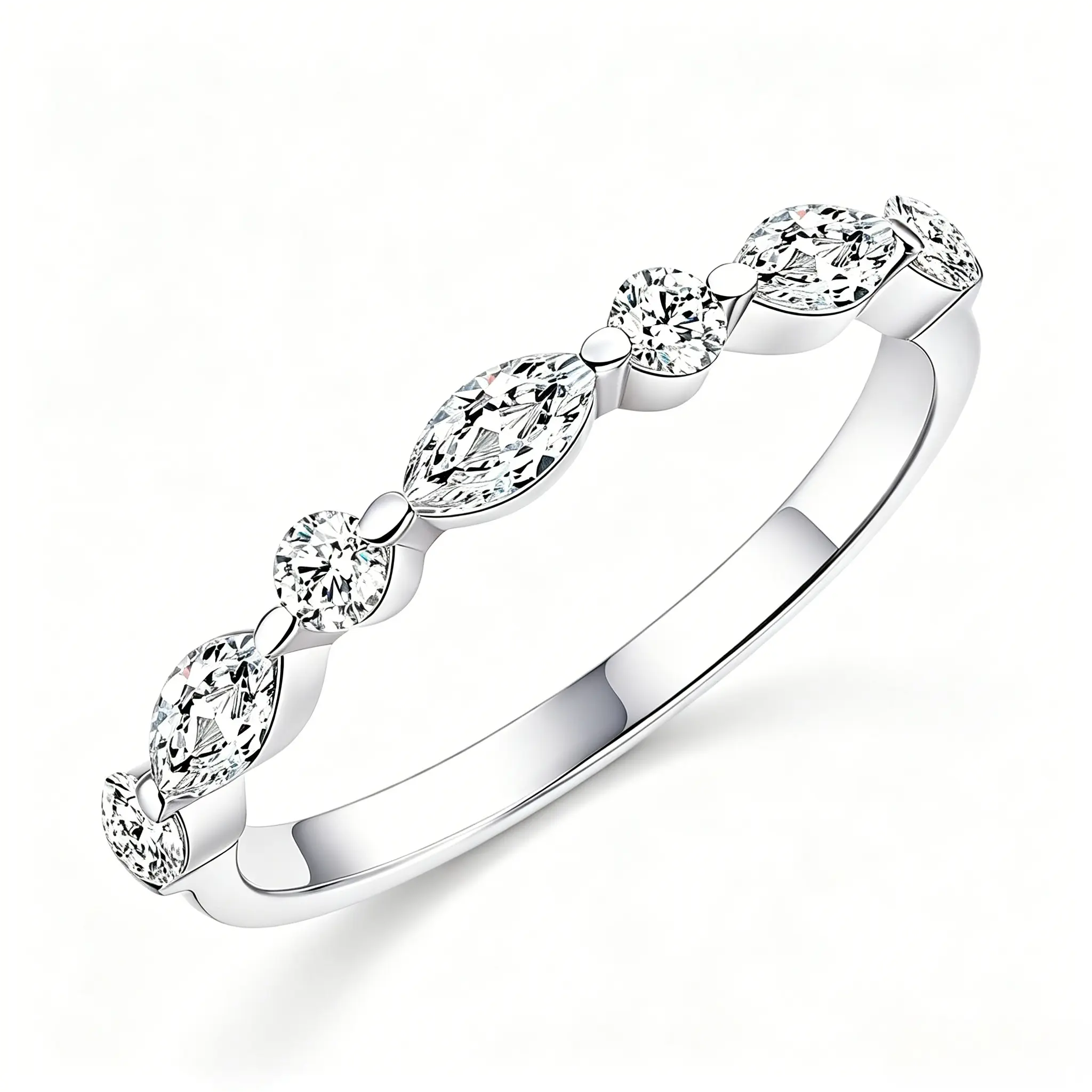 Moissanite Rings, Sterling Silver Ring White Gold Plated Half Eternity Wedding Bands for Women Her Size 5-10
