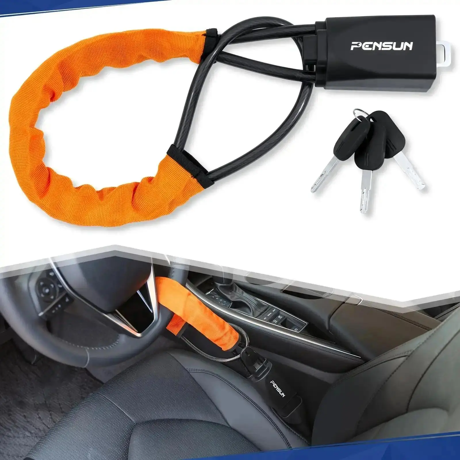 17 Inch Steering Wheel Lock, Universal Anti Theft Car Security Device with Seat Belt Lock Function, Compact Multi Functional Vehicle Protection Accessory for Cars SUVs Trucks, Easy Install Theft Prevention Tool
