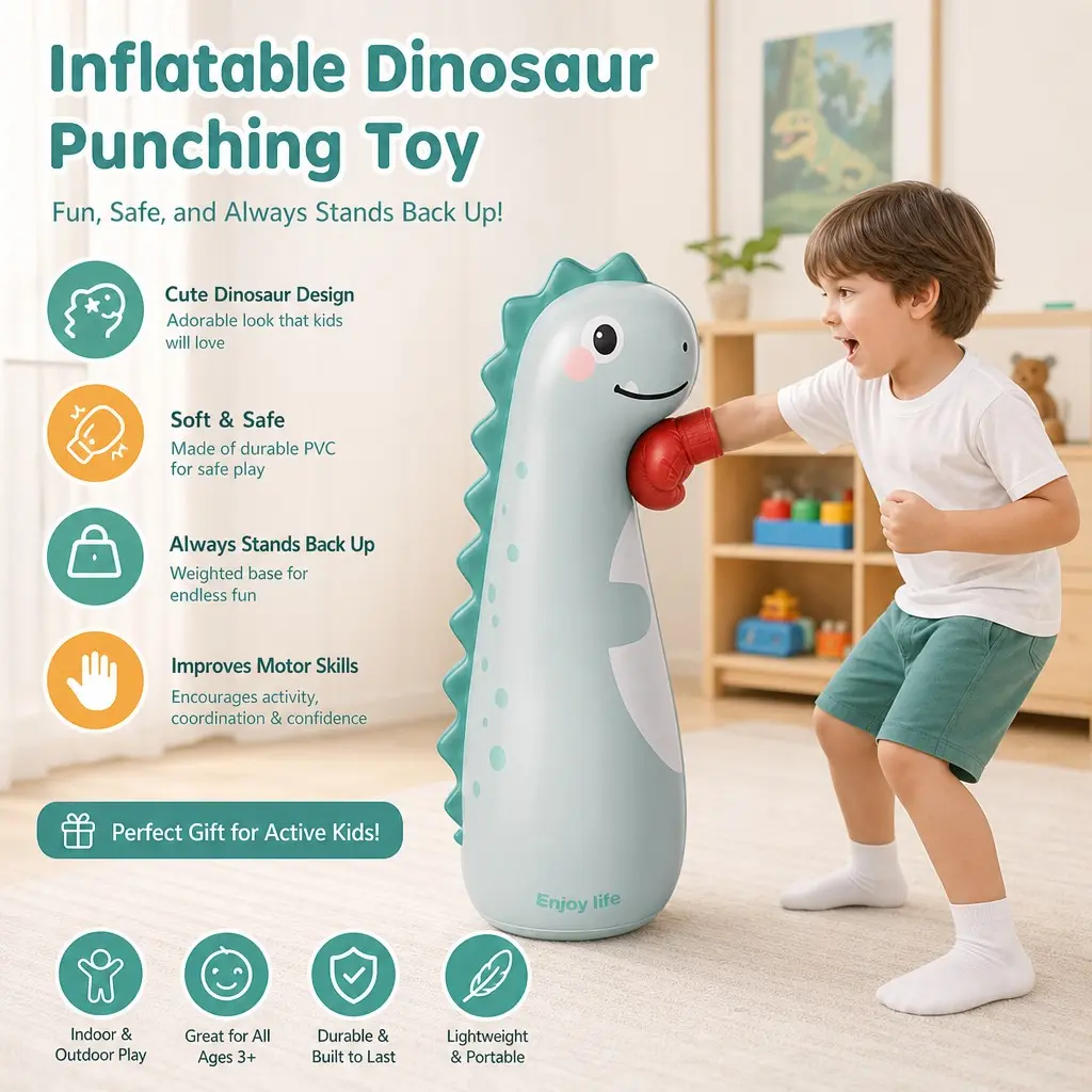 Inflatable Dinosaur Punching Bag for Kids, Thickened Free Standing Toddler Boxing Toy, Fun and Safe Play Equipment for Children