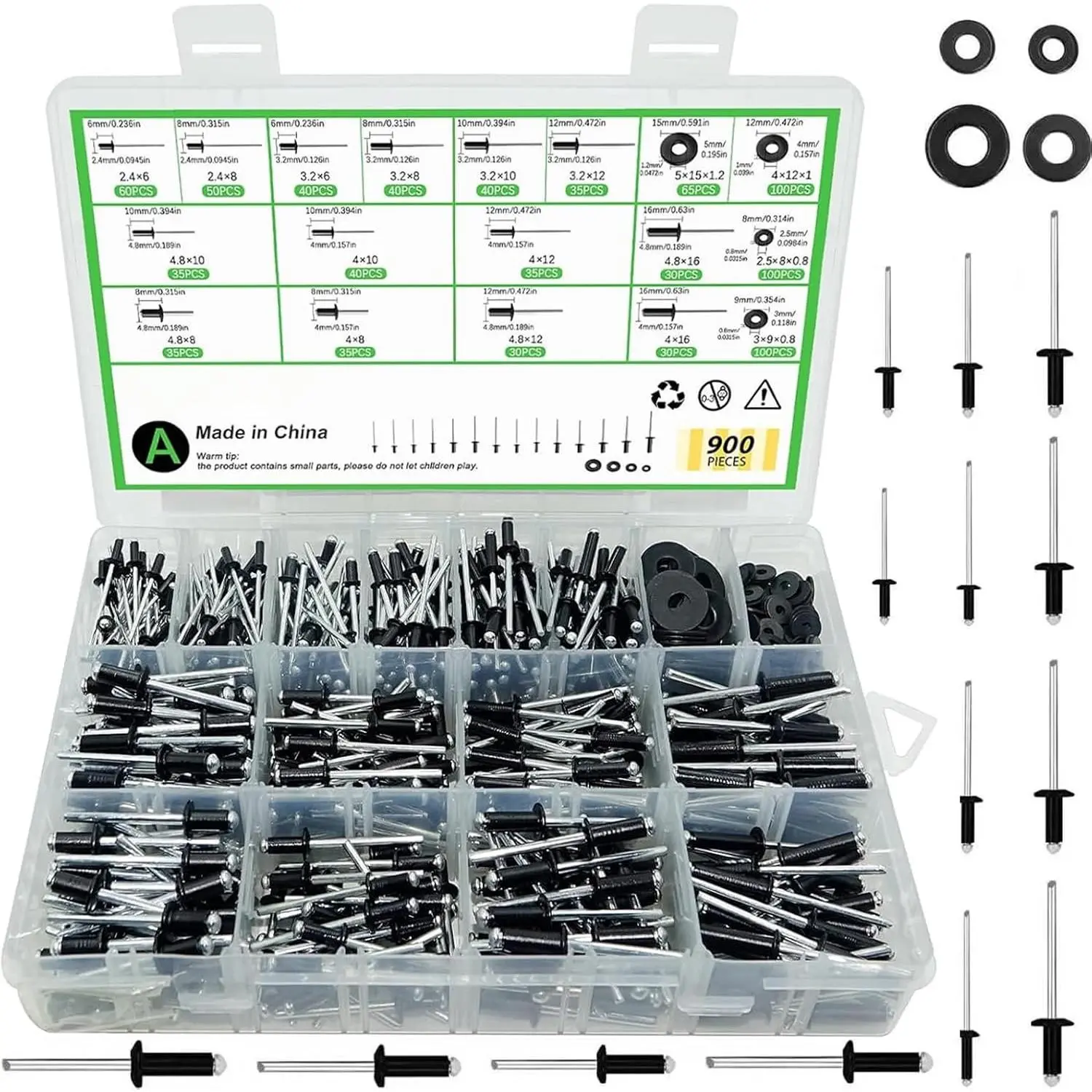 900 count Black Pop Rivets  Kit with Washers, SAE  Blind Rivets, 14 Sizes Metal Pop Rivet  for Metal Furniture, Automotive(3/32" 1/8" 5/32" 3/16")