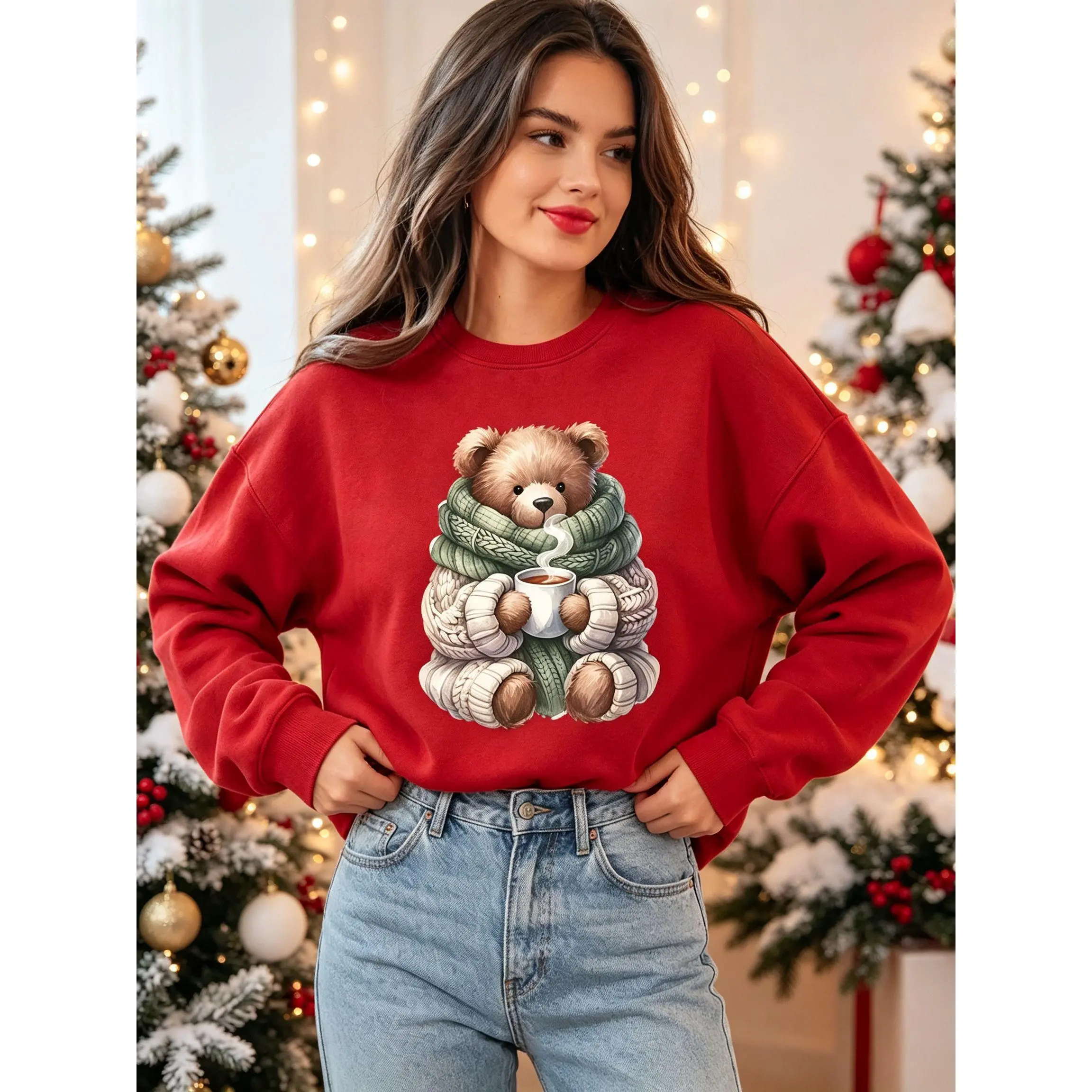 New Arrival Women Christmas Sweatshirt, Adorable Scarf Teddy Bear Holding Hot Cocoa Print Long Sleeve Pullover, Festive Streetwear