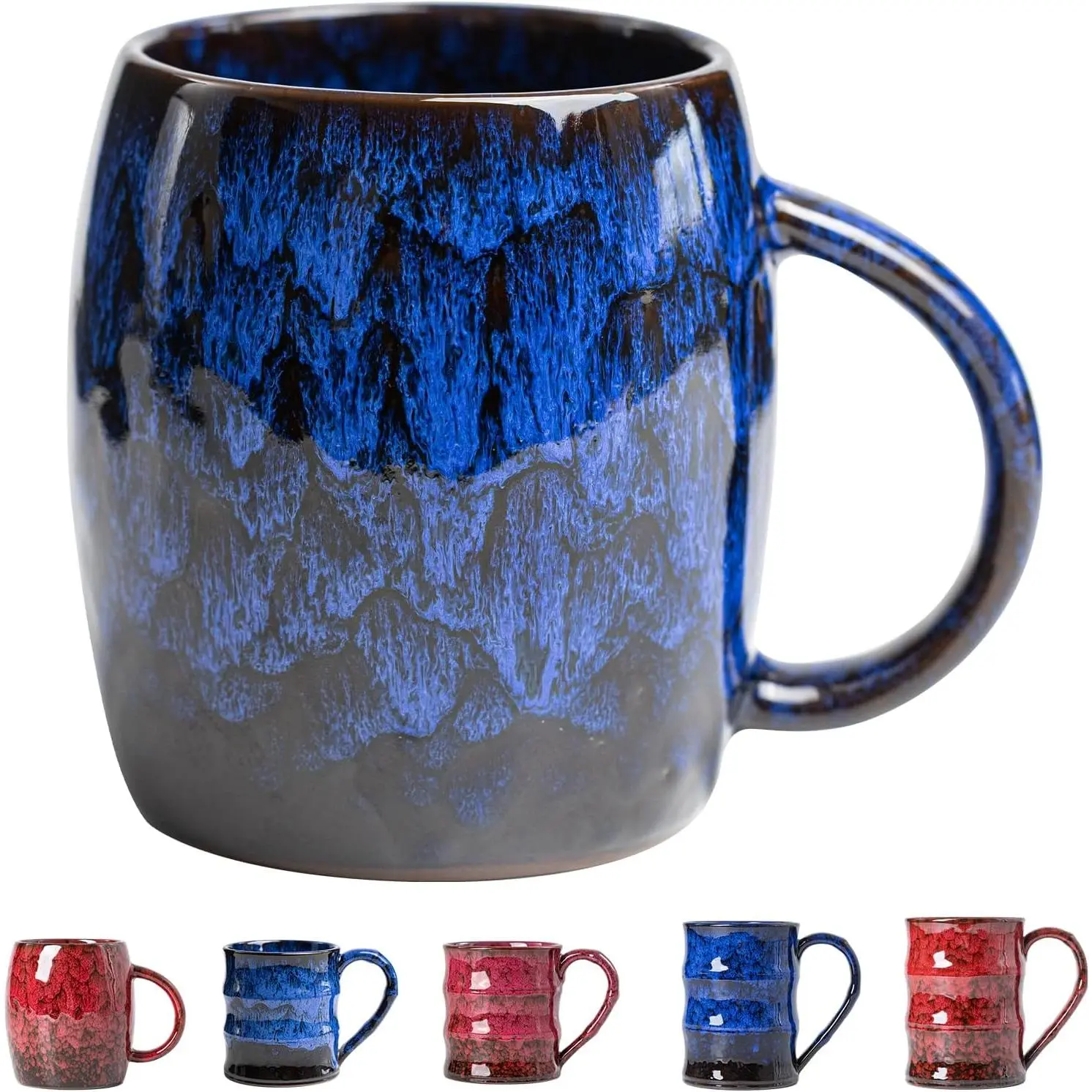 Midnight Blue Ceramic Clay Cup - 15oz Ancient Traditional Handcrafted Artisan Mug with Large Comfortable Handle, Unique Design for Coffee Lovers, Dishwasher Safe