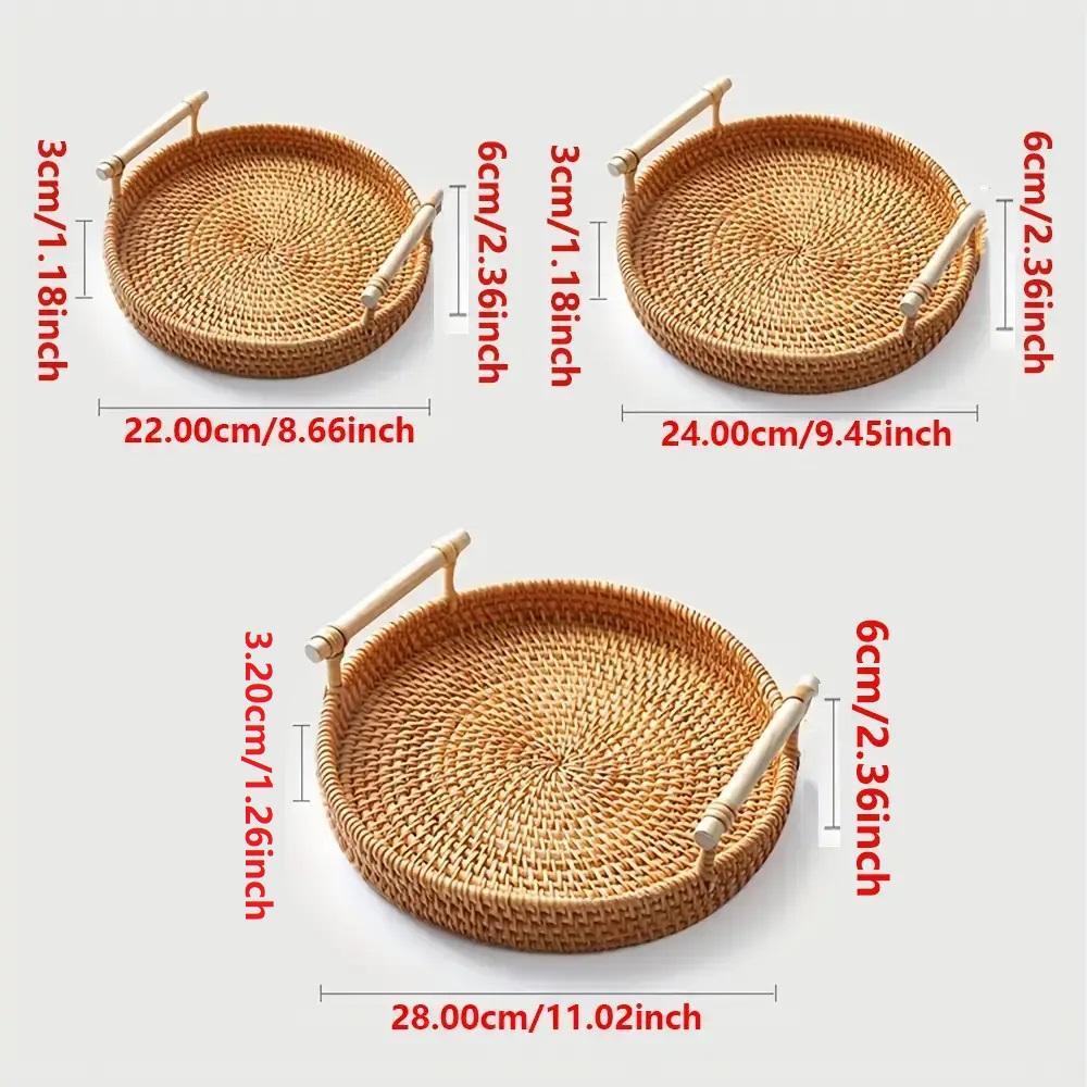 Round Rattan Storage Round Tray, 1/3 Counts  Boho Style Tea Tray with Handle, Fruit Plate, Bread Snack Basket, Home Organizer for Kitchen Dining Room, Decor
