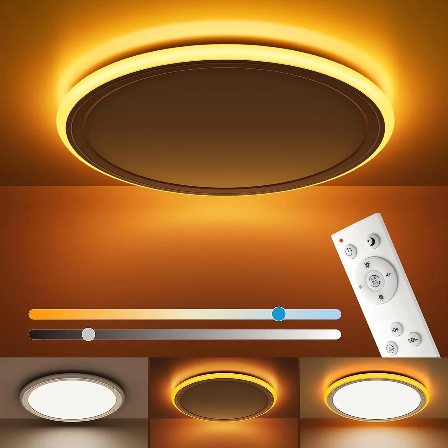 13in LED Flush Mount Ceiling Light Fixture with Remote Control, Dimmable Night Light 2000K, 3000K-6500K 24W Wired Low Profile Light for Bedroom, Kitchen, Living Room, Round White