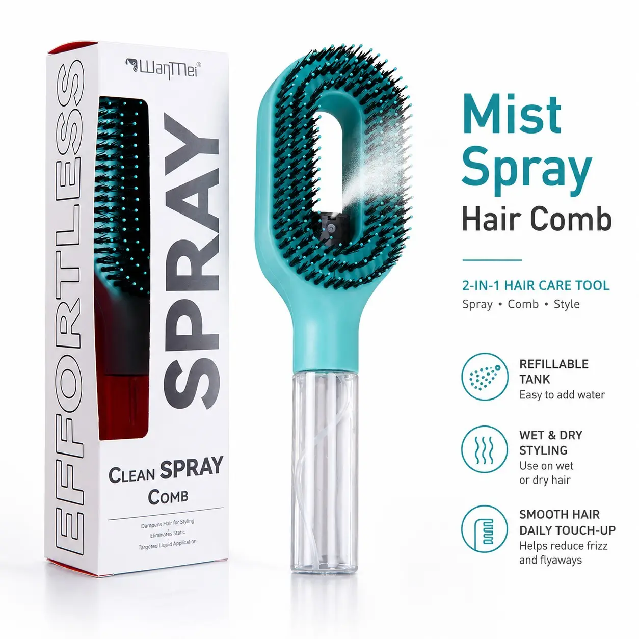 2-In-1Misting Hair Brush, Bristle Hair Brush, Travel Hairbrush, Refillable Water Spray Massage Comb For Wet & Dry Hair Detangling, Fine Mist Anti-Frizz Styling Brush For Curly, Straight Hair, Hair Care Tool For Travel, Salon, Daily Refresh