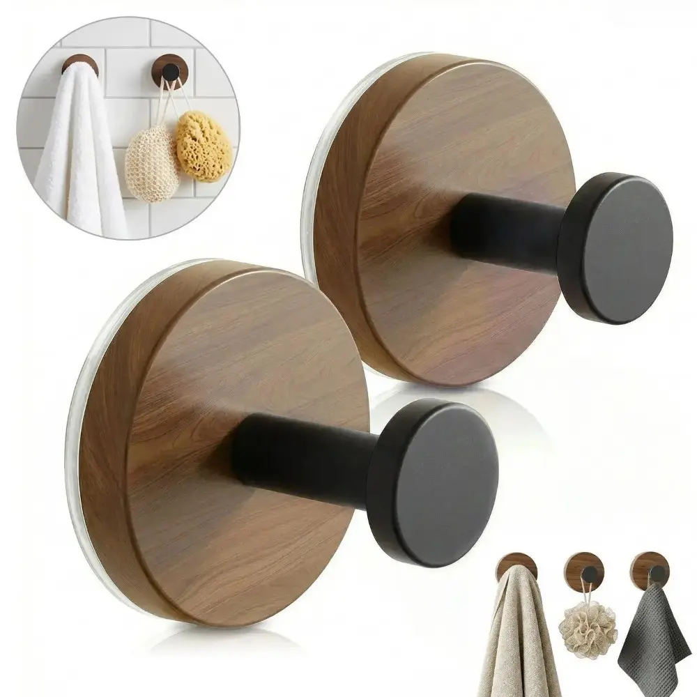 2‑Pack Modern Walnut And Stainless Steel Suction Cup Towel Hooks, Waterproof 11‑Lb Load‑Bearing Shower Hangers For Mirror Tile Surfaces, Practical Bathroom Storage Household Organizer
