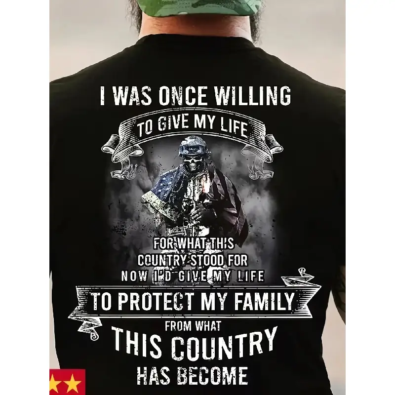 Men's Patriotic Soldier Pattern T-Shirt |      Y2K style, unisex, heat-transfer print, solid color, round neck,high-quality,graphic,tee casual crewneck,funny,father,Cute,Monaco,soft,fashion graphic tee,Versatile,Vintage,All,Neck Raglan Compr,swe,Hal,woma,