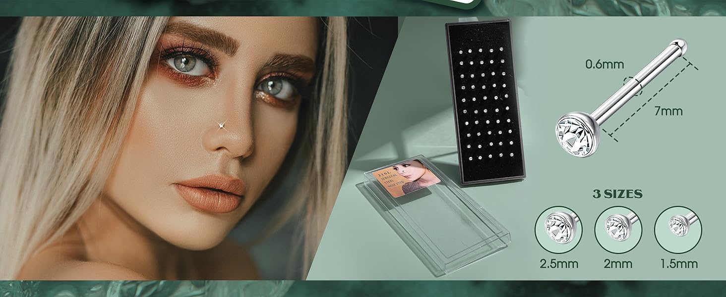 Jstyle 60Pcs Hypoallergenic Stainless Steel Nose Studs for Women Men Sparkly CZ Small 22G Nose Studs Rings Piercing Body Jewelry 1.5mm 2mm 2.5mm