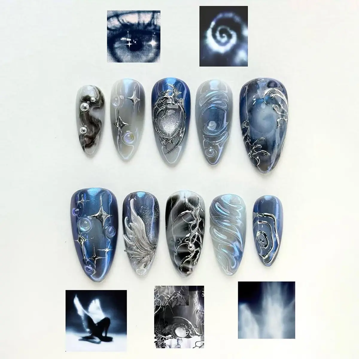 10 Pcs Blue Ink Wash Gothic Metallic Wing Star Press on Nails Design, Almond Shape Silver Color Swirl Rhinestone Fake Nails, Reusable Nail Tips for Party Cosplay Nail Set