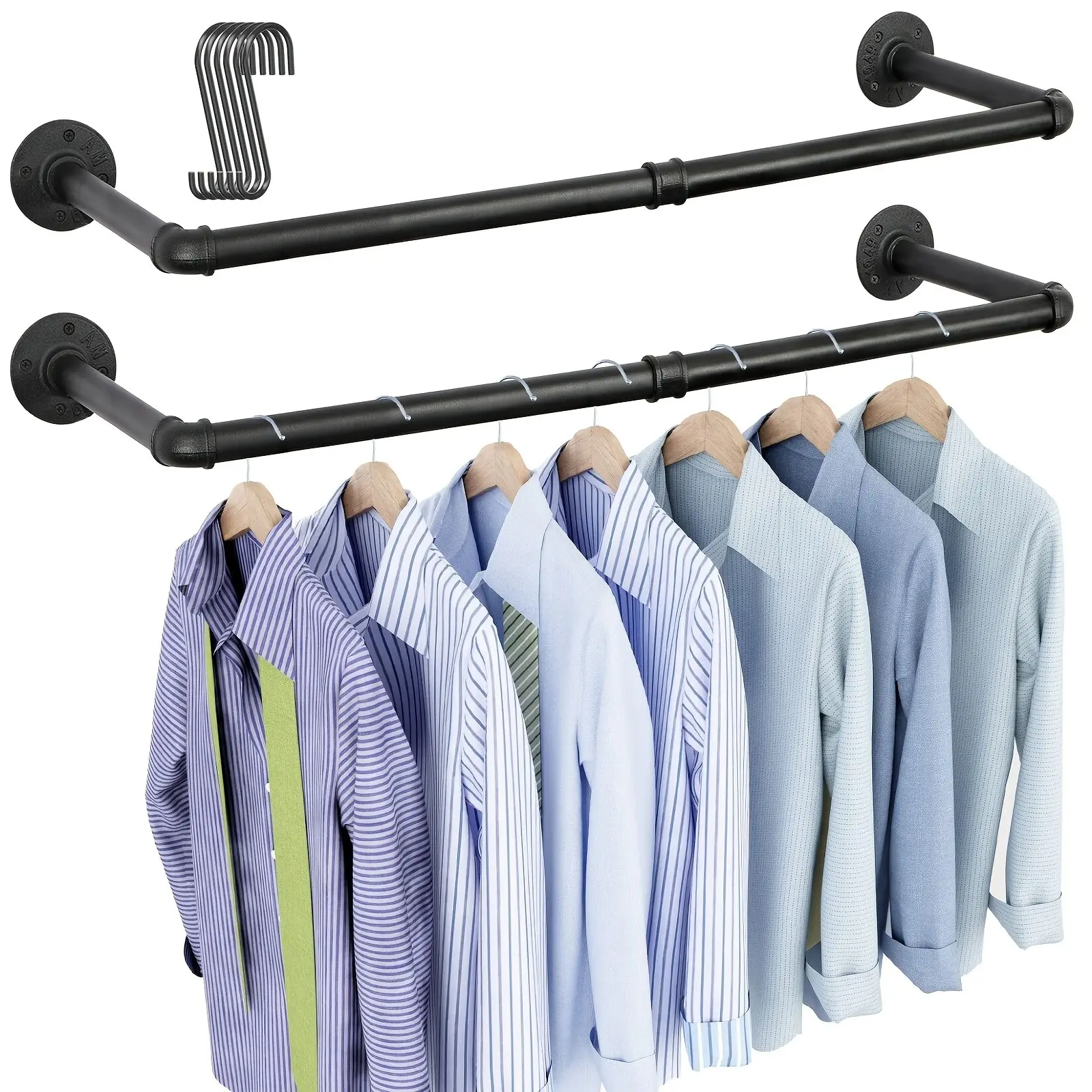 Wall Mounted Industrial Pipe Clothes Rack 1/2 Set, 38.4 Inch Heavy Duty Iron Garment Rail, Multi-Purpose Hanging Rod for Laundry Room & Closet Storage