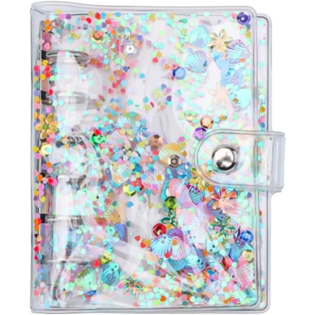 A7 Budget Binder Cover 6 Ring Binder Cute Glitter Quciksand PVC Planner Cover with Ruler Personal Notebook Shell Loose Leaf Folder Organizer ( Glitter, A7)