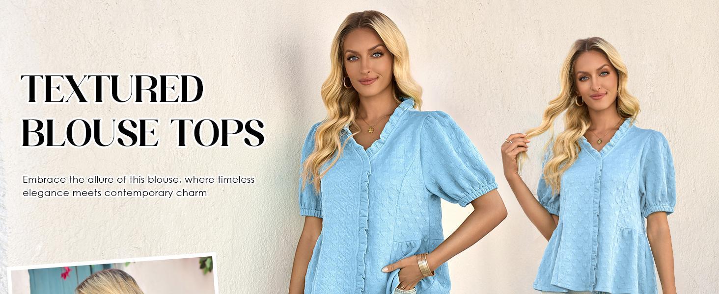 Fashare Womens Peplum Puff Sleeve Tops Dressy Casual Summer Textured Blouses V Neck Ruffle Pleated Shirts