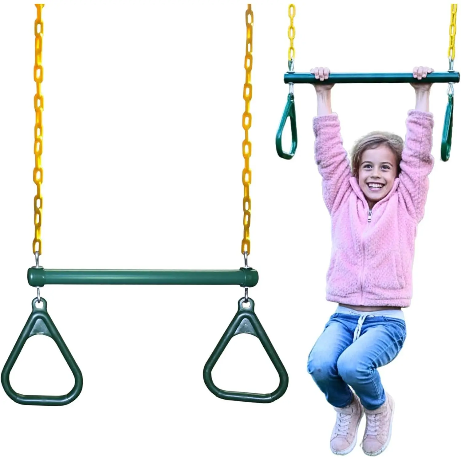 Heavy-Duty Ring Trapeze Bar Combo, Large 20" Trapeze Swing Bar with Triangular Gymnastic Rings and Pinch-Free Coated 43" Long Swing Chains