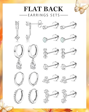YADOCA 5 Pairs 925 Sterling Silver Stud Earrings for Women 20G Flat Back Earrings Helix Cartilage Earrings Cubic Zirconia Opal Earrings Comfort Back Sleep Post Earrings Hypoallergenic