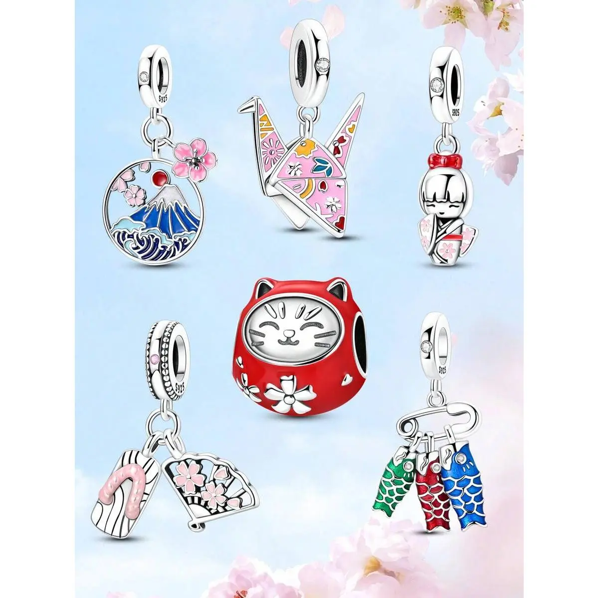 Silver Plated Japanese Charms For Bracelets Silver Plated Cherry Blossom Crane Maneki Neko Kimono Pendant DIY Jewelry
