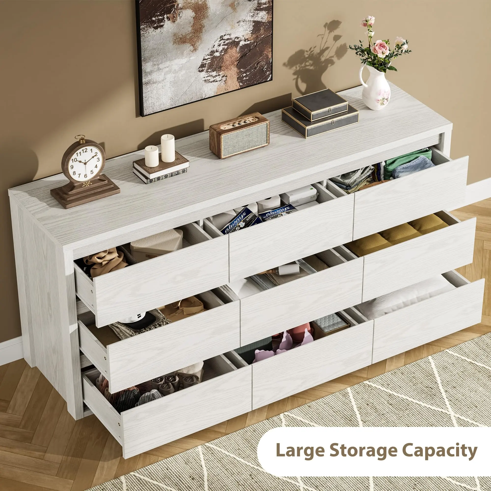 9/7 Drawer Dresser for Bedroom, Wide Modern Chest of Drawers, Large Wood Dresser Wooden Storage Organizer for Living Room, Hallway Entryway