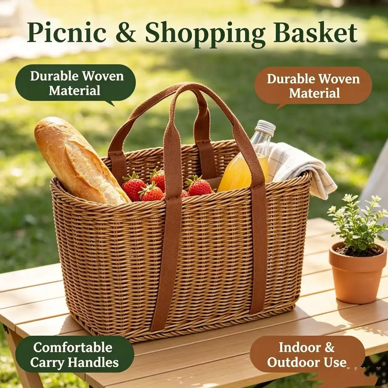 Handmade Wicker-Look Plastic Basket, Handle, Vintage Design, Ideal for Outdoor Picnics, Storage, Home Use, Perfect Gift, Camping Basket