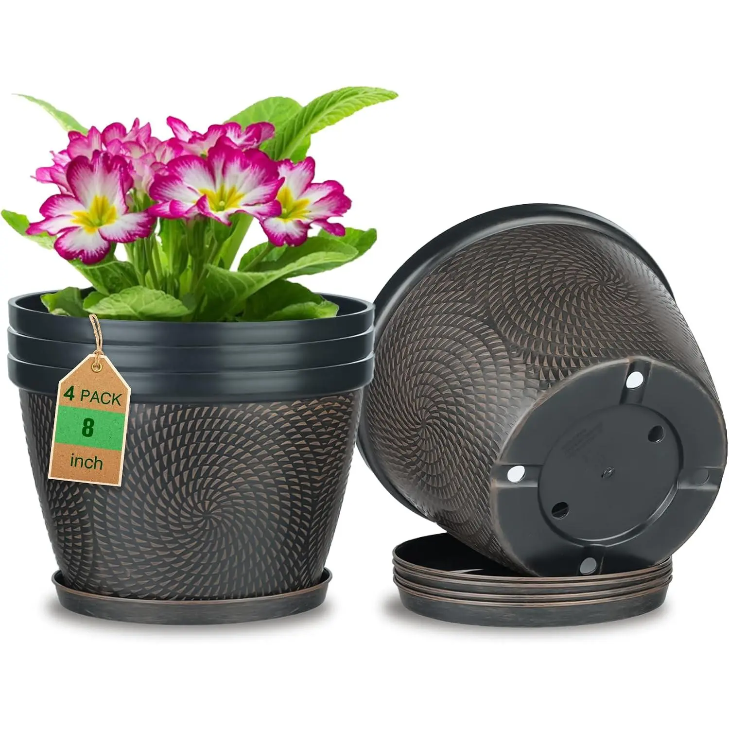 4 Pack 8 Inch Flower Pots for Outdoor Indoor, Plastic  Pots | Lightweight Small Flower Pot with Drainage Hole & , Circle  Planters for Garden House (Brown)