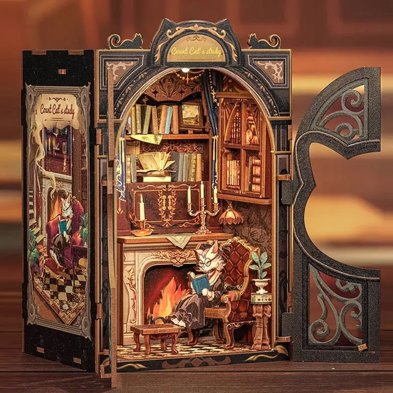 Baron Cat Bookstore Wooden Book Nook Kit - 3D Puzzle Miniature Bookshelf - Handcrafted Home Decor - Unique Desktop Ornament, Ideal for Thanksgiving, Valentine's Day, and Birthday Gifts (Batteries and Glue Not Included)