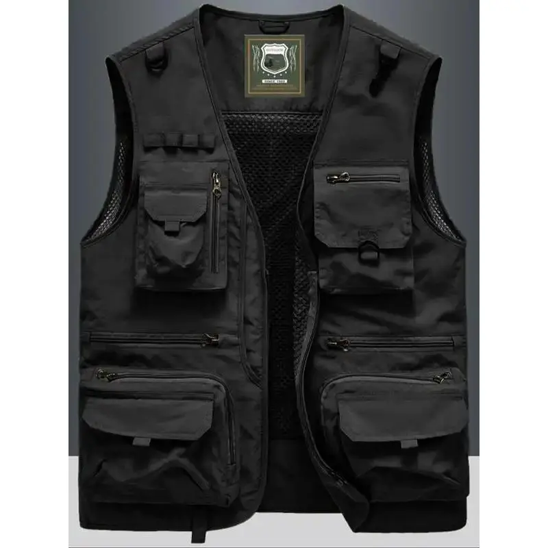 Men's Plain Color Multi-Pocket Sleeveless Zipper Vest Jacket, Casual Street Style Hollow Out Design, Breathable & Quick-Dry Fabric
