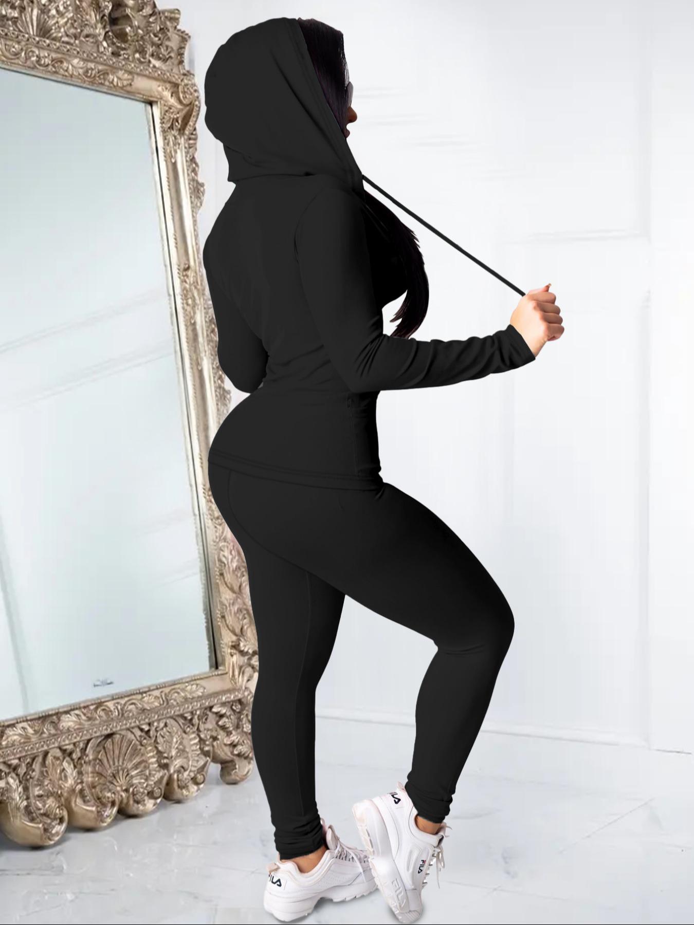 Women's Fall Zipper Hoodie and Skinny Pants Set, Casual Long Sleeve Outfit with Pocket Design, Two-Piece for Daily Wear