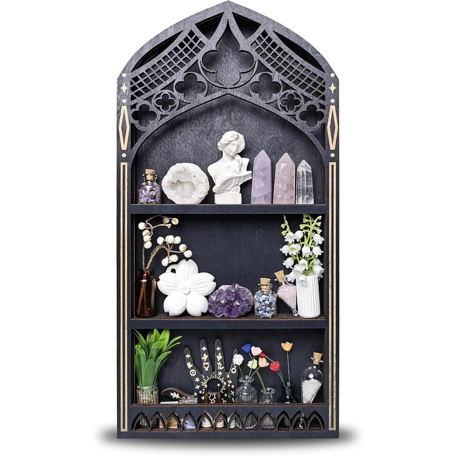 Trinket Shelf for Wall, Gothic Decor Wooden Gem Stone Rock Storage Holder Trinkets Organizer, Witchy Home Decor for Crystal Display, Spiritual Gift for Home Bedroom Living Room